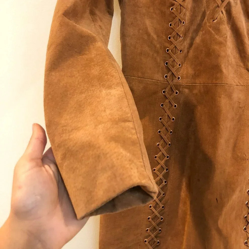 NEW Intermix Leather Lace Up Long Sleeve V Neck Mini Dress Small FLAWED - Picture 3 of 11